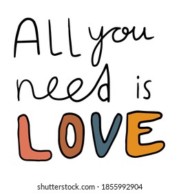 Cute handwritten lettering of words LOVE IS ALL YOU NEED isolated on white background. Vector illustration. 
