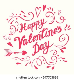 Cute handwritten romantic Happy Valentines Day calligraphy diagonal banner decorated floral pink love ornate. Vector hand drawn vintage lettering element for 14 February design