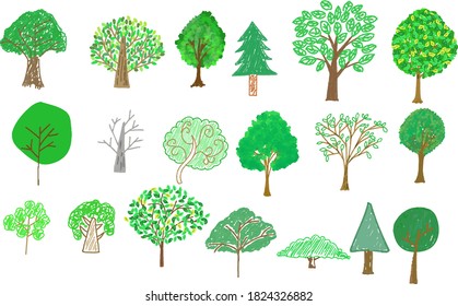 Ilustración de árbol manuscrita pequeña dibujada con lápices de colores
