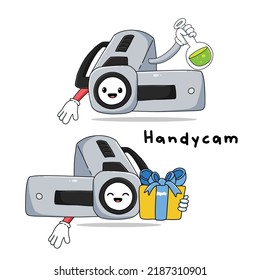 Cute handy cam with faces cartoon mascot hand drawn set isolated on white background