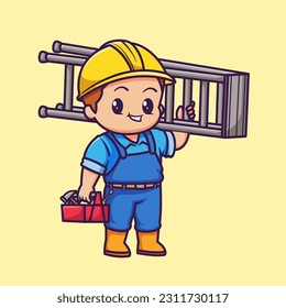 Cute Handyman Bring Ladder And Toolbox Cartoon Vector Icon Illustration. People Construction Icon Concept Isolated Premium Vector. Flat Cartoon Style