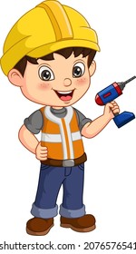 Cute Handyman Cartoon Holding A Drill Tool