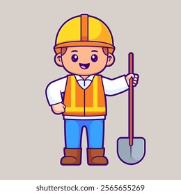 Cute Handyman Holding Shovel Cartoon Vector Icon 
Illustration. People Profession Icon Concept Isolated Premium 
Vector. Flat Cartoon Style 