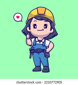 Cute Handywoman Thumbs Up Cartoon Vector Icon Illustration.    People     Construction     Icon     Concept Isolated Premium Vector. Flat Cartoon Style