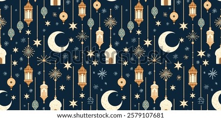 The Cute Hanging Arabic Lantern Celebrates Ramadan Kareem in Seamless Pattern