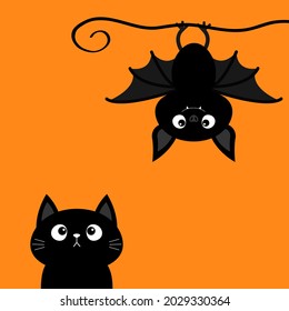 Cute hanging bat. Black cat kitten kitty looking up. Happy Halloween. Cartoon kawaii funny baby animal charater. Greeting card. Flat design. Orange background. Isolated. Vector illustration.