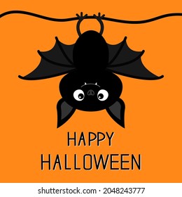 Cute Hanging Bat. Happy Halloween. Cartoon Kawaii Funny Baby Animal Charater. Greeting Card. Flat Design. Orange Background. Isolated. Vector Illustration.