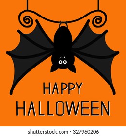 Cute hanging bat. Happy Halloween card.  Flat design. Orange background. Vector illustration