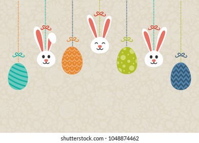 Cute hanging bunnies and eggs - concept of Easter background with copyspace. Vector.