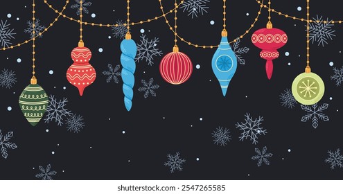 Cute hanging Christmas decorations, garlands and snowflakes on dark background. Template for postcard or banner. Vector illustration in flat style