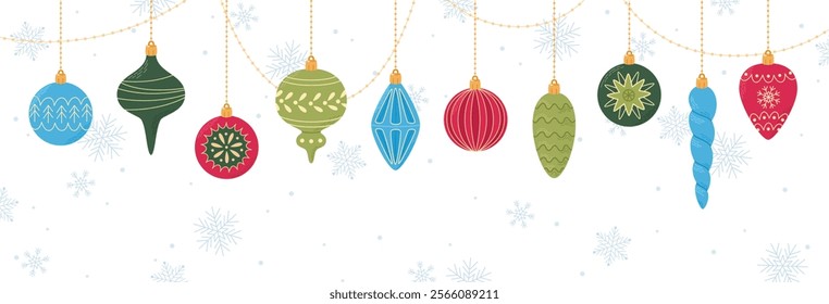 Cute hanging Christmas ornaments and garlands on white background. Horizontal banner. Vector illustration in flat style