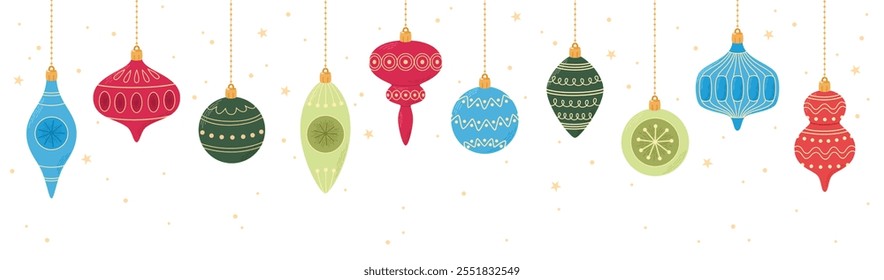 Cute hanging Christmas ornaments on white background. Horizontal template. Vector illustration in flat style