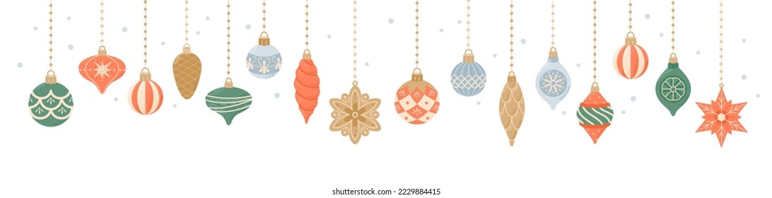 Cute hanging decorations, christmas template for card and banner. Vector illustration in flat cartoon style
