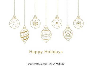 Cute hanging decorations. Christmas template for card and banner. Outline linear silhouette. The design includes elegant lettering with the message Happy Holidays. Vector illustration isolated on