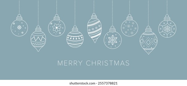 Cute hanging decorations. Christmas template for card and banner. Outline linear silhouette. The design includes elegant lettering with the message Marry Christmas. Vector illustration.