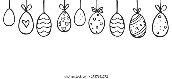 Cuto colgando composición de huevos de Pascua dibujado a mano. Colección, conjunto de ilustraciones vectoriales de doodle para Semana Santa, patrón para banner, fondo de pantalla, tarjeta. Huevos adornados con una proa aislada de fondo blanco. 