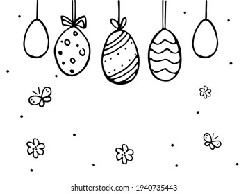 Cute hanging easter eggs, flowers, butterflies, bees greeting card poster with copy space. Set of hand drawn doodle vector illustration. Happy easter, spring holiday. Ornament eggs isolated on white.