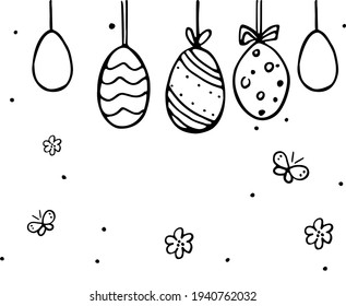 Cute hanging easter eggs, flowers, butterflies, bees greeting card poster with copy space. Set of hand drawn doodle vector illustration. Happy easter, spring holiday. Ornament eggs isolated on white.