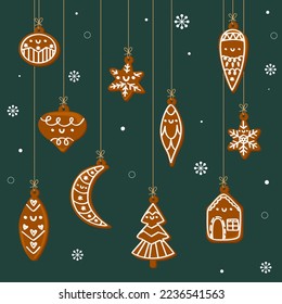 Cute hanging gingerbread cookies. Vector illustration in flat cartoon style