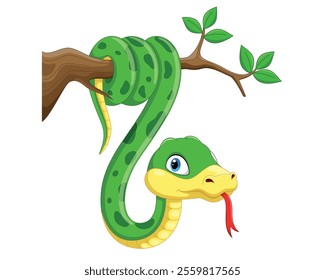 Cute hanging snake cartoon on white background vector illustration