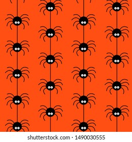 Cute hanging spider vector halloween pattern. Background with cartoon character in orange, black and white colors. Flat design. 