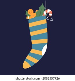 Cute hanging yellow and blue christmas stocking full of small gifts. Vector illustration of funny decoration. Winter holiday greeting card design. Merry Christmas and Happy New Year.