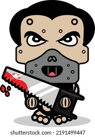 cute hannibal lecter bone mascot character cartoon vector illustration holding bloody saw 