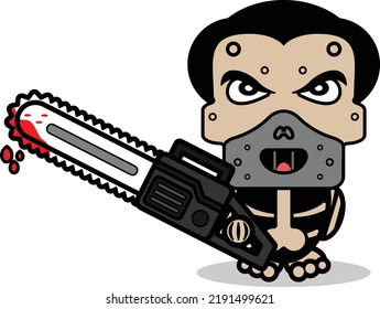 cute hannibal lecter bone mascot character cartoon vector illustration holding bloody saw machine