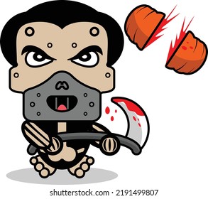 Cute Hannibal Lecter Bone Mascot Character Cartoon Vector Illustration Holding Bloody Sikcle