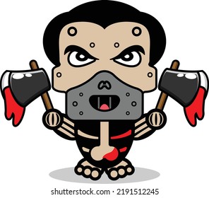 Cute Hannibal Lecter Bone Mascot Character Cartoon Vector Illustration Holding Bloody Ax