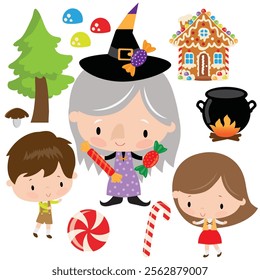 Cute Hansel and Gretel vector cartoon flat style illustration