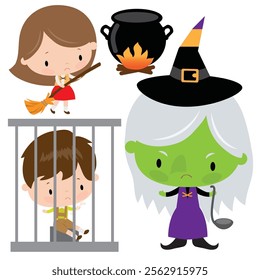 Cute Hansel and Gretel vector cartoon flat style illustration