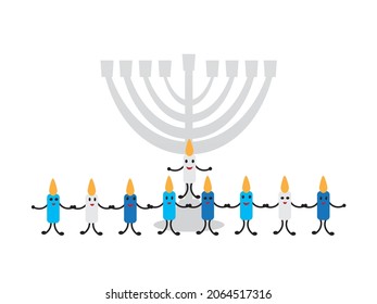 Cute Hanukkah candles with smiling face standing in front of Hanukkah menorah on White background