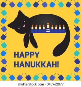 Cute hanukkah card with a cat sleeping near the menorah.