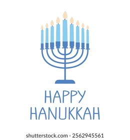 A cute Hanukkah celebration banner. Blue menorah with nine candles and text.