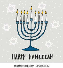 Cute Hanukkah greeting card, invitation with hand drawn menorah (candelabra) and jewish stars, vector illustration background