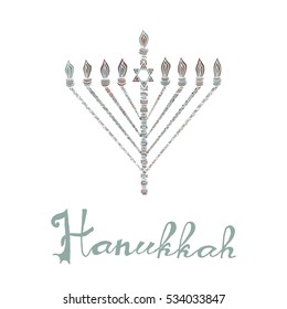 Cute Hanukkah greeting card, invitation with hand drawn menorah -candelabra and lettering, vector illustration background
