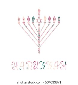 Cute Hanukkah greeting card, invitation with hand drawn menorah -candelabra and lettering, vector illustration background