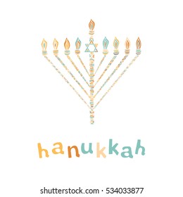 Cute Hanukkah greeting card, invitation with hand drawn menorah -candelabra and lettering, vector illustration background