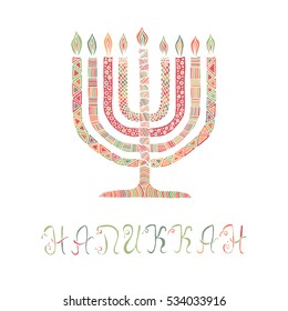 Cute Hanukkah greeting card, invitation with hand drawn menorah -candelabra and lettering, vector illustration background
