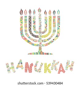 Cute Hanukkah greeting card, invitation with hand drawn menorah -candelabra and lettering, vector illustration background