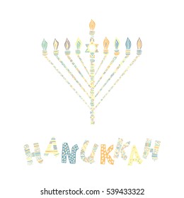 Cute Hanukkah greeting card, invitation with hand drawn menorah -candelabra and lettering, vector illustration background
