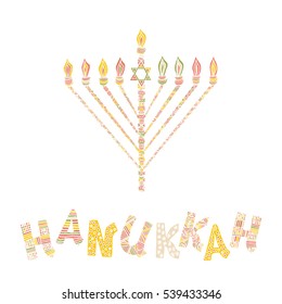 Cute Hanukkah greeting card, invitation with hand drawn menorah -candelabra and lettering, vector illustration background