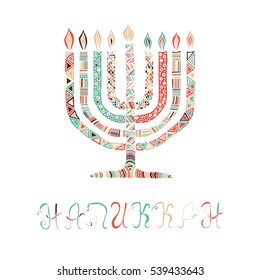 Cute Hanukkah greeting card, invitation with hand drawn menorah -candelabra and lettering, vector illustration background