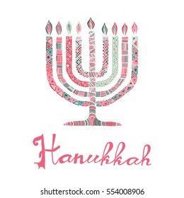 Cute Hanukkah greeting card, invitation with hand drawn menorah -candelabra and lettering, vector illustration background