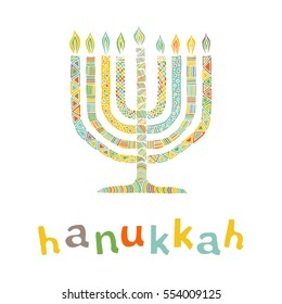 Cute Hanukkah greeting card, invitation with hand drawn menorah -candelabra and lettering, vector illustration background