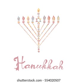 Cute Hanukkah greeting card, invitation with hand drawn menorah -candelabra and lettering, vector illustration background