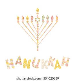 Cute Hanukkah greeting card, invitation with hand drawn menorah -candelabra and lettering, vector illustration background