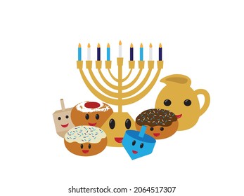 Cute Hanukkah symbols with smiling face, Hanukkah cartoon characters on White background