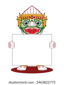 Cute Hanuman or Anjaneya Hindu god characters in Ramayana Mahabharata Ramakien Thailand famous epic dressing action in Thai style art drama called Khon standing and holding white board drawing in funn